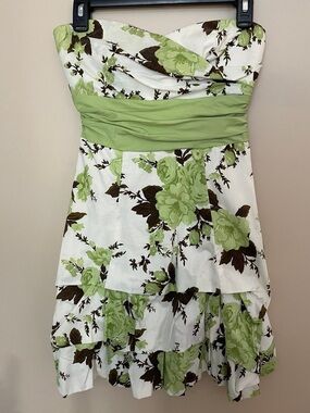 White Strapless Dress with Green Floral Print